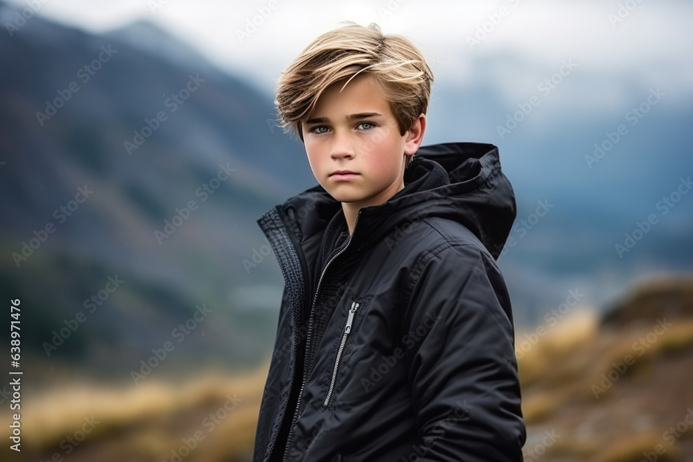 Sadness European Boy In Black Jacket On Mountain Scenery Background. Сoncept Sadness In Nature, The European Youth, The Power Of Black, The Impact Of Scenery