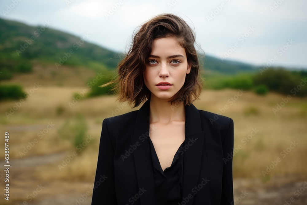 Sadness European Girl In Black Suit On Nature Landscape Background . Сoncept Sadness, European Girls, Black Suits, Nature Landscapes