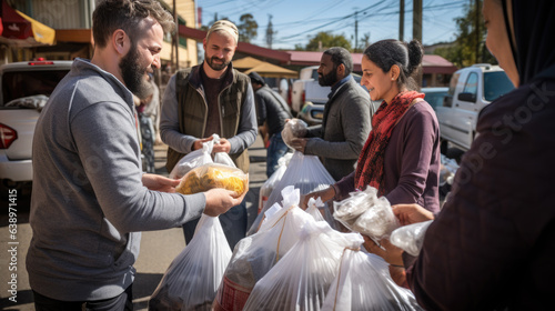 Volunteers hand out food for charity