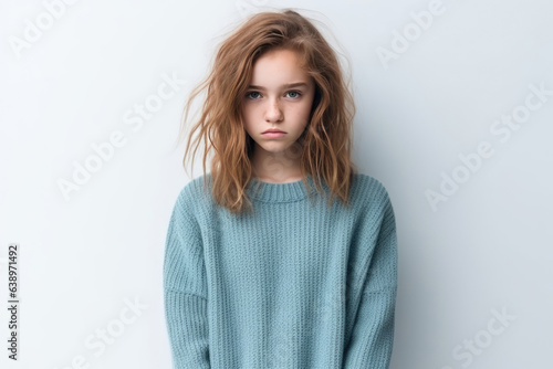 Sadness European Girl In Blue Sweater On White Background. Сoncept Sadness And Emotional Health, European Femininity, Blue Sweaters And Style, White As A Backdrop