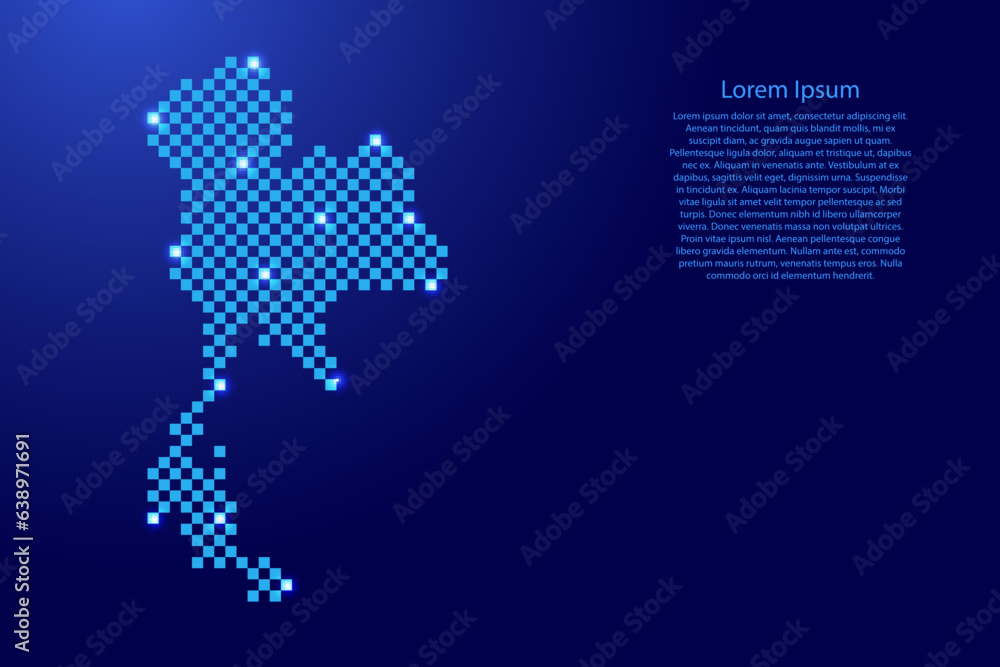 Thailand map from futuristic blue checkered square grid pattern and glowing stars for banner, poster, greeting card