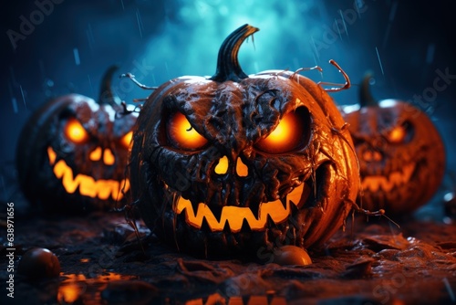 Scary horror background with Halloween pumpkins jack o lantern. Generative AI