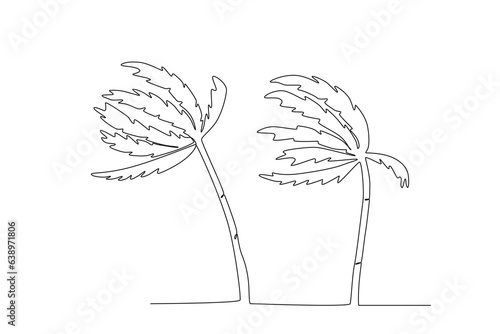 Coconut trees buffeted by storms. Hurricane one-line drawing