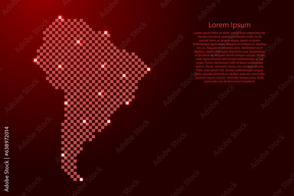 South America map from futuristic red checkered square grid pattern and glowing stars for banner, poster, greeting card