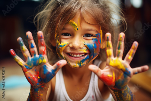 photograph of Little young girl playing with colors. Paint on hands.