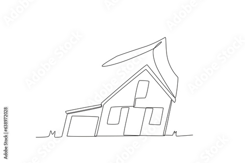 A house damaged by a storm. Hurricane one-line drawing