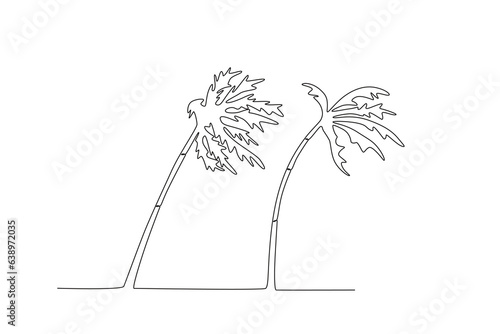 Two coconut trees were attacked by a storm. Hurricane one-line drawing