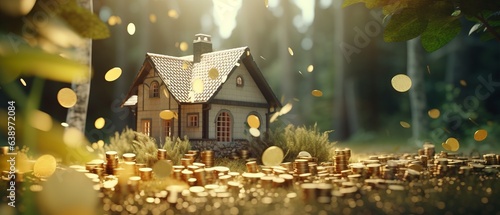 Miniature house with coins. Generative AI photo