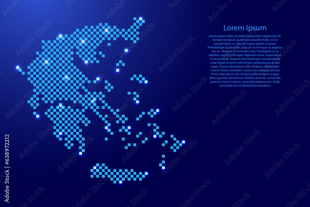 Greece map from futuristic blue checkered square grid pattern and glowing stars for banner, poster, greeting card