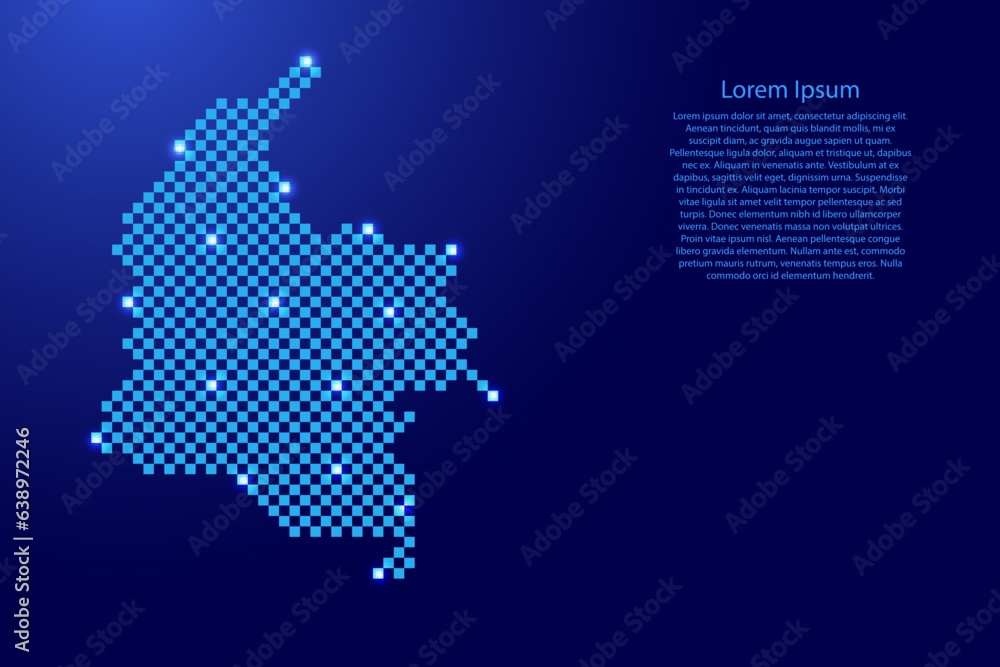 Colombia map from futuristic blue checkered square grid pattern and glowing stars for banner, poster, greeting card