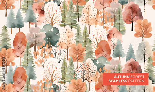 Cute watercolor drawing with autumn trees, autumn forest seamless pattern in soft colors. Autumn trendy art background for season decoration, greetings, ads, fabric textile and packaging