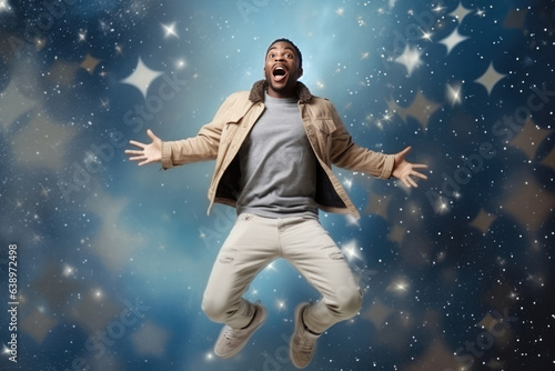 Surprise African Man In Beige Jeans On Galaxy Stars Background. Сoncept African Representation In Space Exploration, Representation In Pop Culture, Breaking Stereotypes Of Masculinity