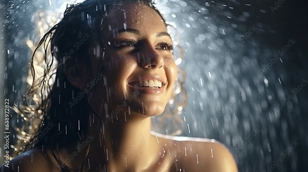 Fototapeta premium Portrait of a happy woman in a shower. Generative AI