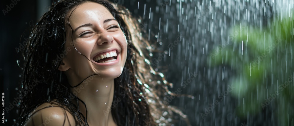 Obraz premium Portrait of a happy woman in a shower. Generative AI