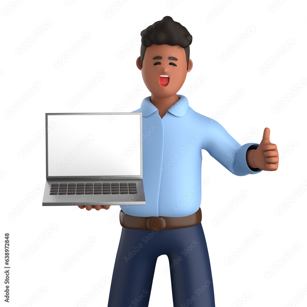 3d black businessman executive pose wearing suit standing with blank screen tablet, laptop isolated on white background, 3d rendering 3d black businessman executive pose wearing suit standing with blank screen tablet, laptop isolated on white background, 3d rendering
