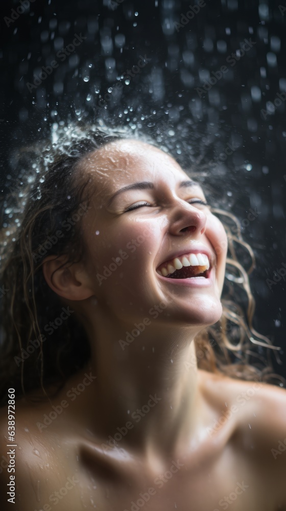 Obraz premium Portrait of a happy woman in a shower. Generative AI
