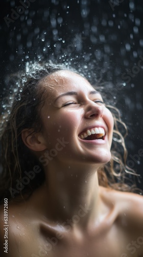 Portrait of a happy woman in a shower. Generative AI