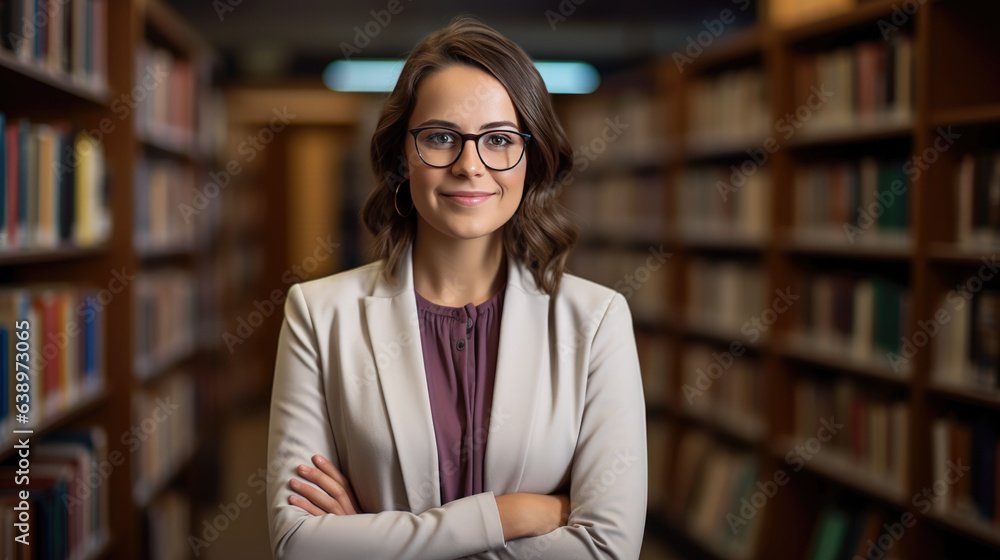 Middle age librarian or college teacher standing in library in front of book shelfes Middle age librarian or college teacher standing in library in front of book shelfes