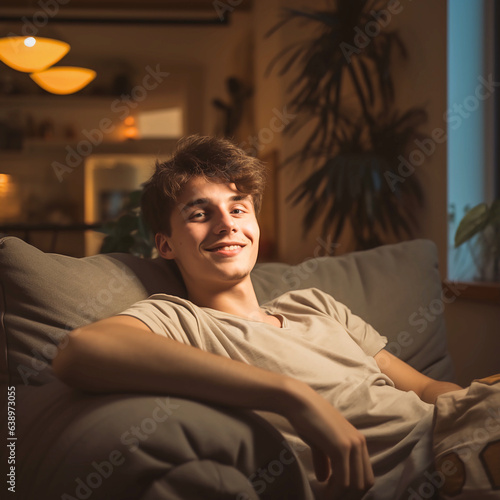Photo of a young man relaxing on a couch in a cozy living room. 