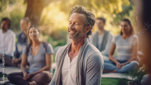 portrait of Mature Men with blurred group people In Class At Outdoor doing Yoga Retreat.generative ai