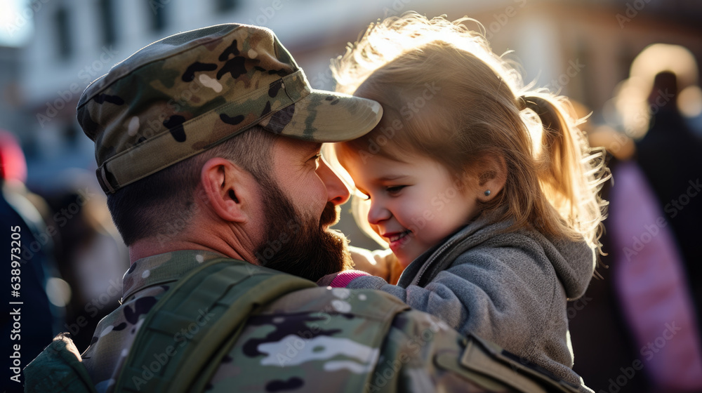 Military man hugs his daughter as he reunites with his family. - obrazy, fototapety, plakaty 
