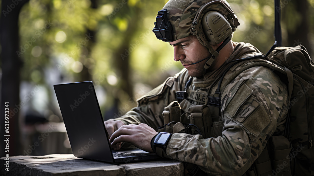 Soldier Using Laptop Computer During Military Operation in the Forest.