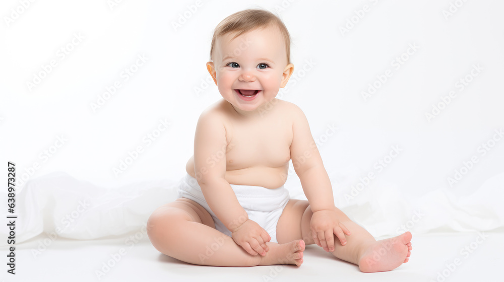 Cute little baby sitting on bed