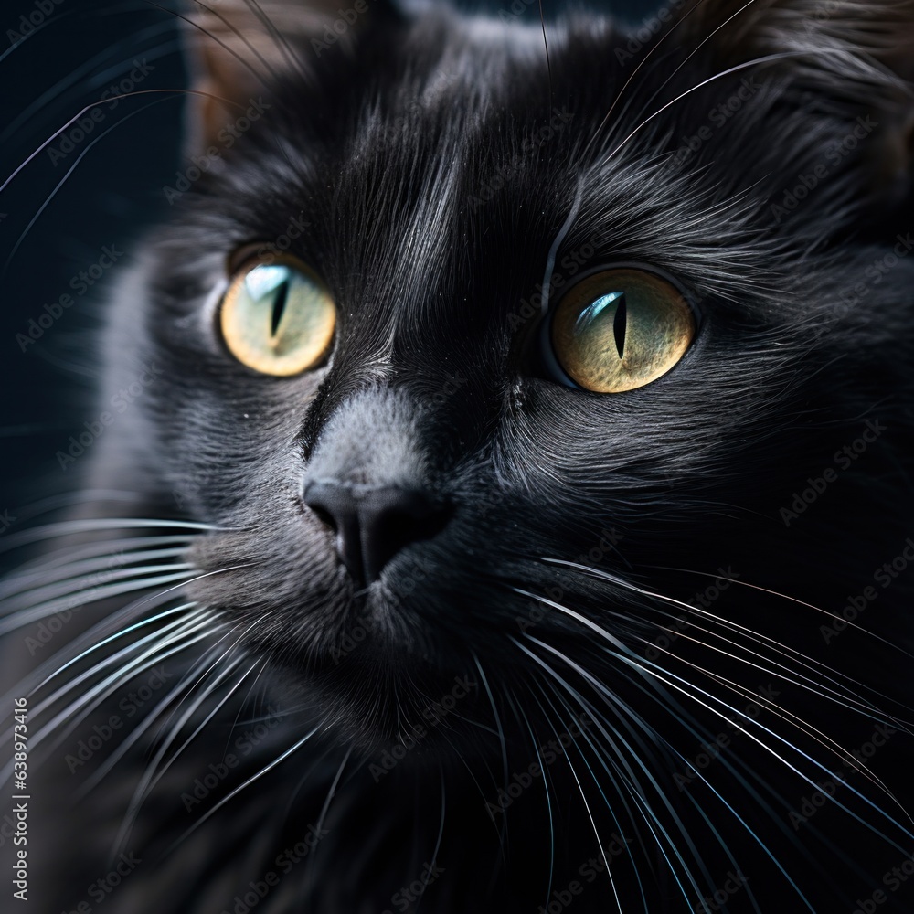 Close-up of black cat's eyes. Shallow depth of field.