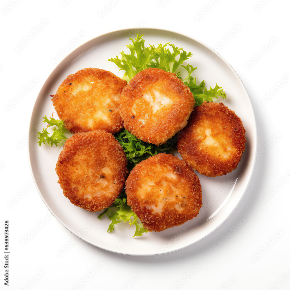 Breaded Pork Patties Danish Dish On A White Plate, On A White Background Directly Above View Breaded Pork Patties Danish Dish On A White Plate, On A White Background Directly Above View