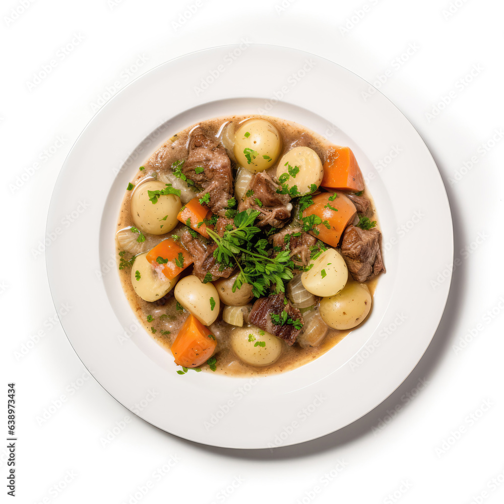 Coddle Irish Dish On A White Plate, On A White Background Directly Above View Coddle Irish Dish On A White Plate, On A White Background Directly Above View