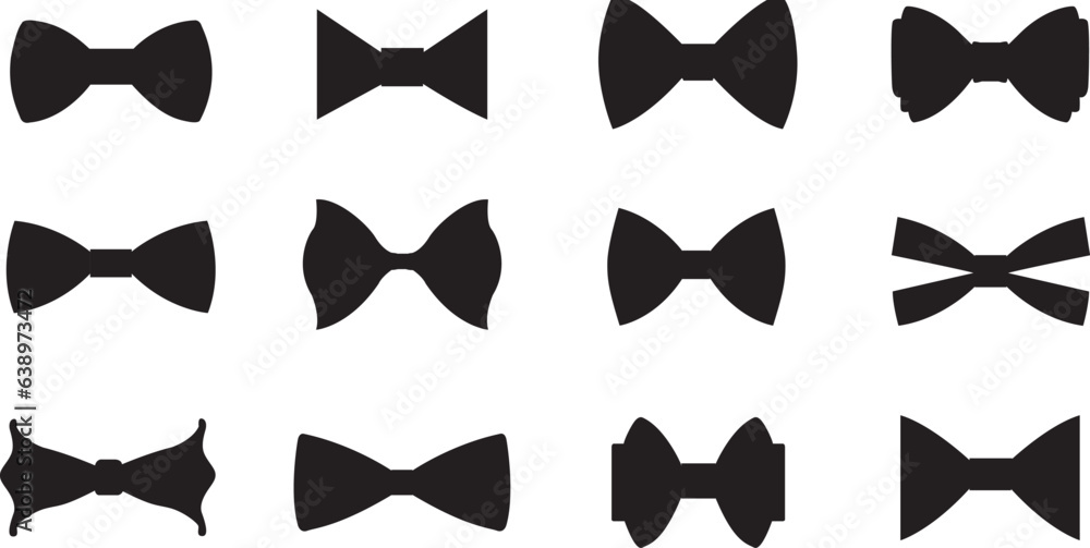 Black bow ties set. Set of bow tie silhouettes. Bow tie icons set. Vector illustration Black bow ties set. Set of bow tie silhouettes. Bow tie icons set. Vector illustration
