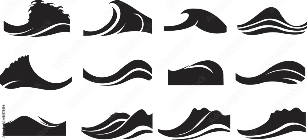 Set of wave silhouettes. Wave icons set. Flat wave vectors.