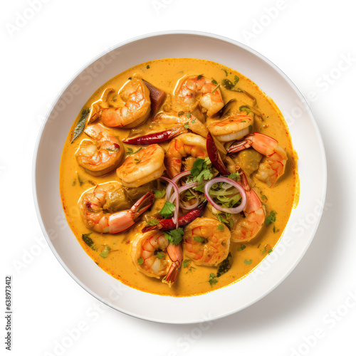 Chingri Malai Curry Bangladeshi Dish On A White Plate, On A White Background Directly Above View