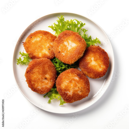Breaded Pork Patties Danish Dish On A White Plate, On A White Background Directly Above View