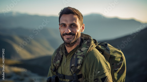 Portrait of american male soldier looking at camera. photo