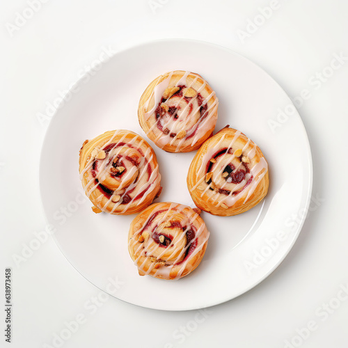 Danish Pastries Danish Dish On A White Plate, On A White Background Directly Above View