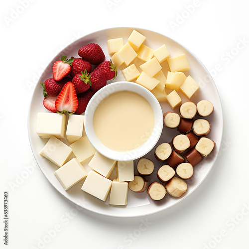 Fondue Swiss Dish On A White Plate, On A White Background Directly Above View photo