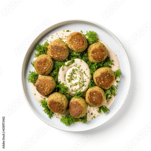 Falafel Saudi Arabian Dish On A White Plate, On A White Background Directly Above View photo