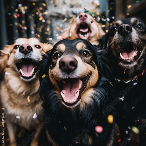 Happy dogs at a party. Generative AI © ColdFire