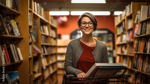 Middle age librarian or college teacher standing in library in front of book shelfes