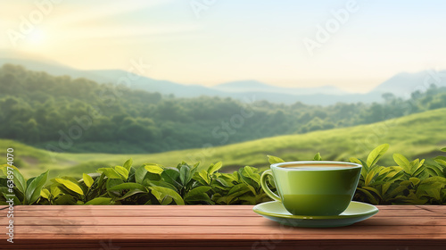 Warm cup of tea and organic green tea eaf on wooden table
