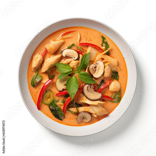 Red Curry Thai Dish On A White Plate, On A White Background Directly Above View photo