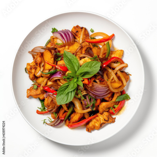 Pla Rad Prik Thai Dish On A White Plate, On A White Background Directly Above View photo