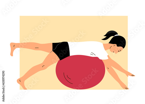 Young woman doing exercises on a gymnastic ball. Balance on the ball. Relaxation and balance. Flat vector illustration