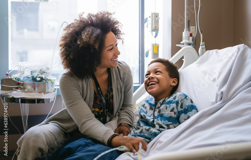 Smiling mother and son at hospital- Mom helpling son during hospitalization - Generative AI photo