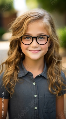 A girl in glasses in the school yard. Generative AI