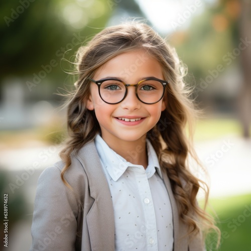 A girl in glasses in the school yard. Generative AI