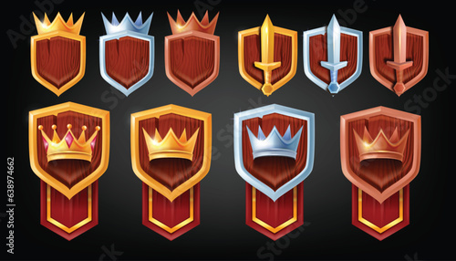 3D game badge shield set, vector level up UI medieval rank sword, golden silver bronze knight crown. Achievement RPG fantasy award kit, rating progress winner reward icon. Wooden game badge iron prize