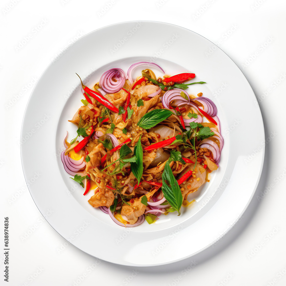 Tom Klong Pla Too Thai Dish On A White Plate, On A White Background Directly Above View Tom Klong Pla Too Thai Dish On A White Plate, On A White Background Directly Above View