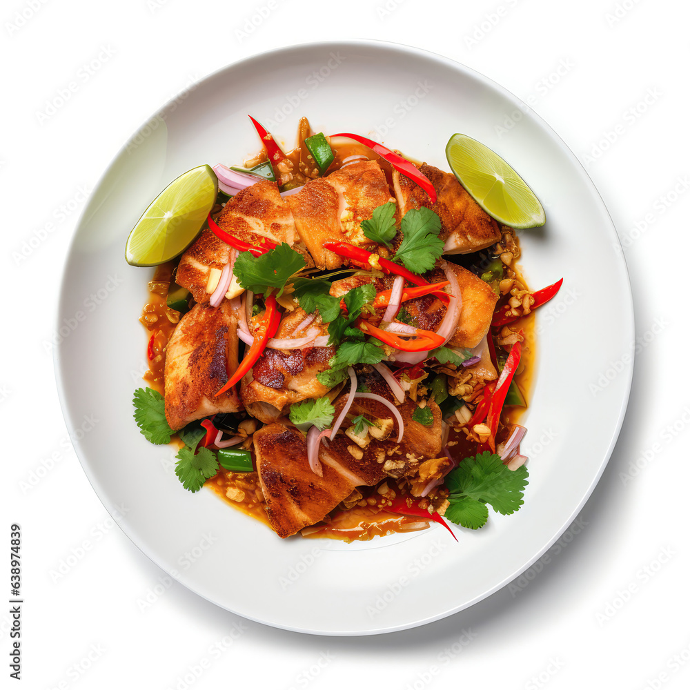 Tom Jeud Thai Dish On A White Plate, On A White Background Directly Above View Tom Jeud Thai Dish On A White Plate, On A White Background Directly Above View
